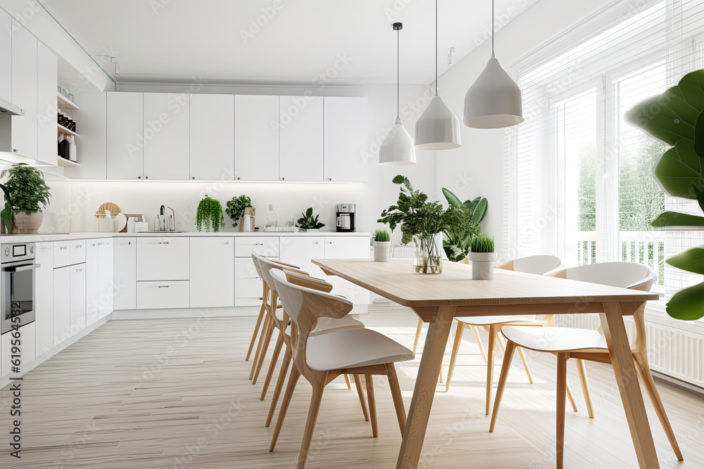 Scandinavian kitchen with wooden and white details. Minimalist interior design. Generative AI