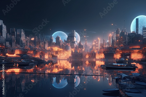 The futuristic city of the future on the alien planet with skyscrapers. Generative AI
