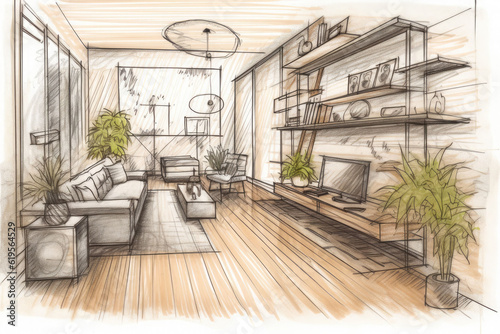 Detail focused hand drawn sketch of the interior of a sleek modern home. Generative AI