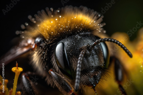 The bee with the pollen on its head and legs. A striking macro shot. Generative AI © barmaleeva