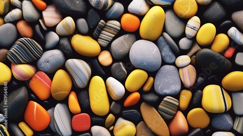 A closeup of a heap of beautiful of various smooth stones. Many small rocks or pebbles with different patterns and colors. Top view. Generative AI. Illustration for brochure, cover, poster or banner.
