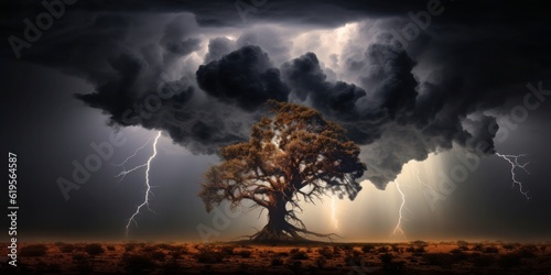 Epic thunder tree landscape: A breathtaking landscape featuring a majestic tree amidst a stormy atmosphere, with lightning illuminating the sky, evoking a sense of awe and grandeur Generative AI