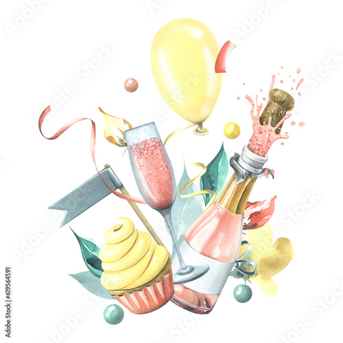 A bottle with a flying cork, a glass of champagne, a cupcake, ribbons, flags and flowers, a balloon and confetti. Watercolor illustration, hand drawn. Isolated composition on a white background.