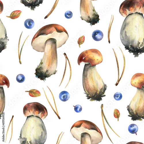 Forest edible mushrooms with brown caps boletus, leaves, blueberries and pine needles. Watercolor illustration, hand drawn. Seamless pattern for packaging, textile, wallpaper on a white background