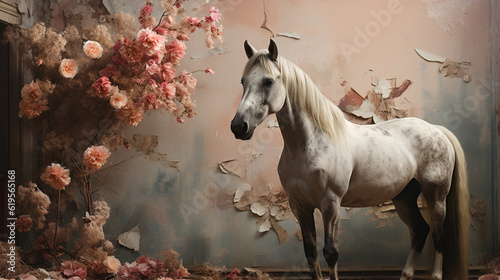 A Majestic Horse Standing in Front of a Vintage Floral Backdrop with Rich Painted Textures in the Background - Muted Surrealism Effect with Beautiful Flowers in Pastel Color Aesthetic - Generative AI © AnArtificialWonder
