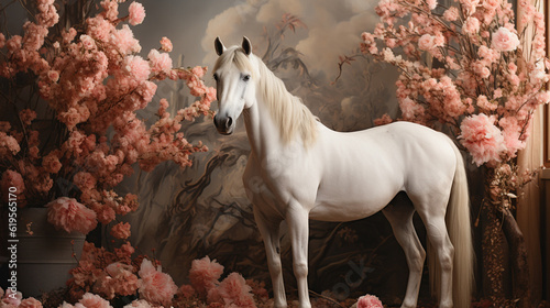 A Majestic Horse Standing in Front of a Vintage Floral Backdrop with Rich Painted Textures in the Background - Muted Surrealism Effect with Beautiful Flowers in Pastel Color Aesthetic - Generative AI