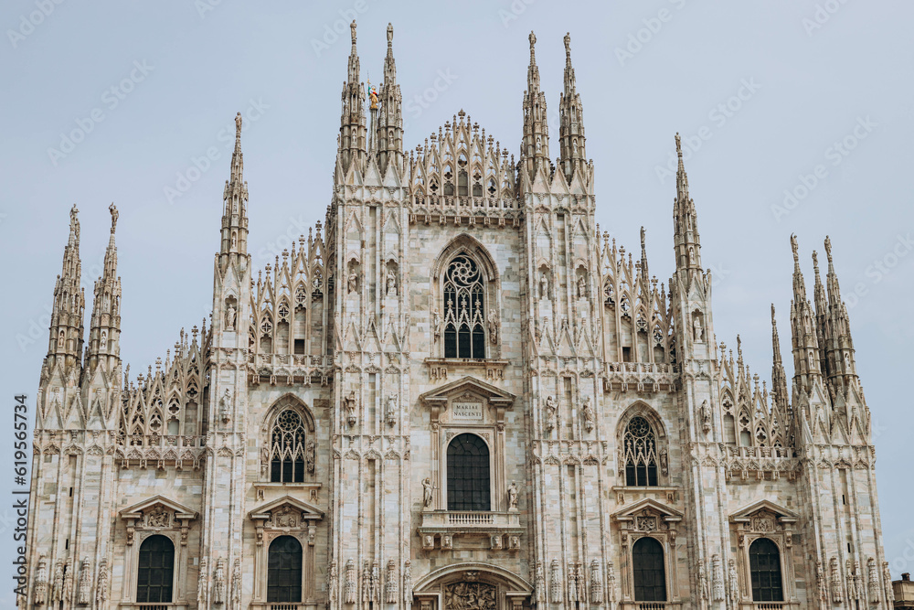 Milan, Italy- May 13, 2023: View of the Milano Duomo Cathedral Cathedral. top tourist attraction of Milan. Gothic style cathedral is dedicated to St Mary. located at the Piazza del Duomo square.