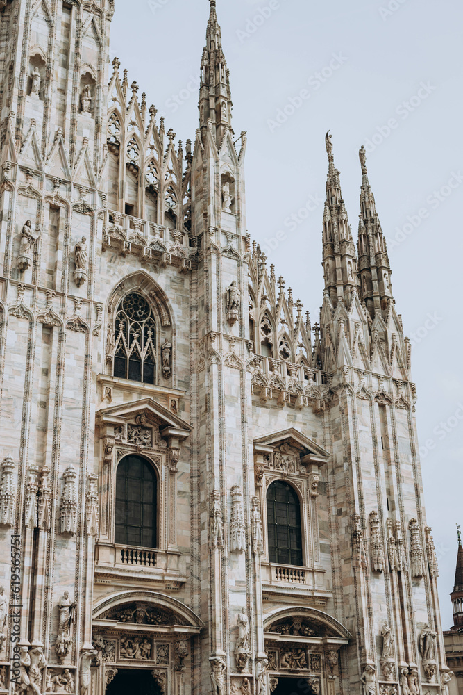 Milan, Italy- May 13, 2023: View of the Milano Duomo Cathedral Cathedral. top tourist attraction of Milan. Gothic style cathedral is dedicated to St Mary. located at the Piazza del Duomo square.