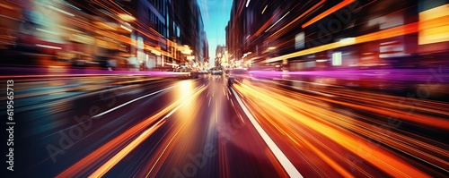 Motion blur of car in city at night time. Motion blur of fast moving car on road
