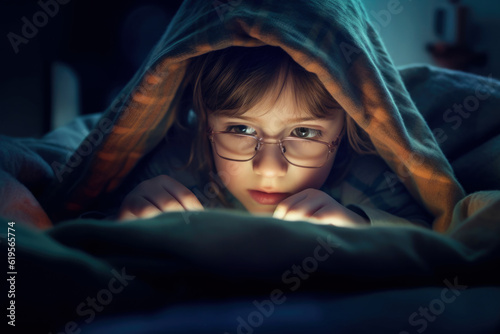 Small girl with glasses watching tablet at bed, blanket over her head, close-up detail to face and eyes. Bedtime harmful blue light screentime concept. Generative AI