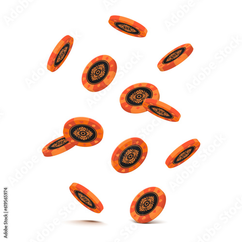 Falling orange poker chips on white background. Vector illustration.