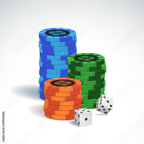 Poker chips with dice on a light background. Vector illustration.