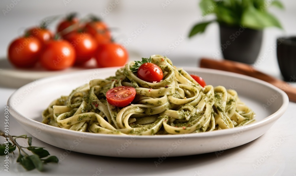 a plate of green pasta with tomatoes and basil on the side. generative ai a plate of green pasta with tomatoes and basil on the side. generative ai