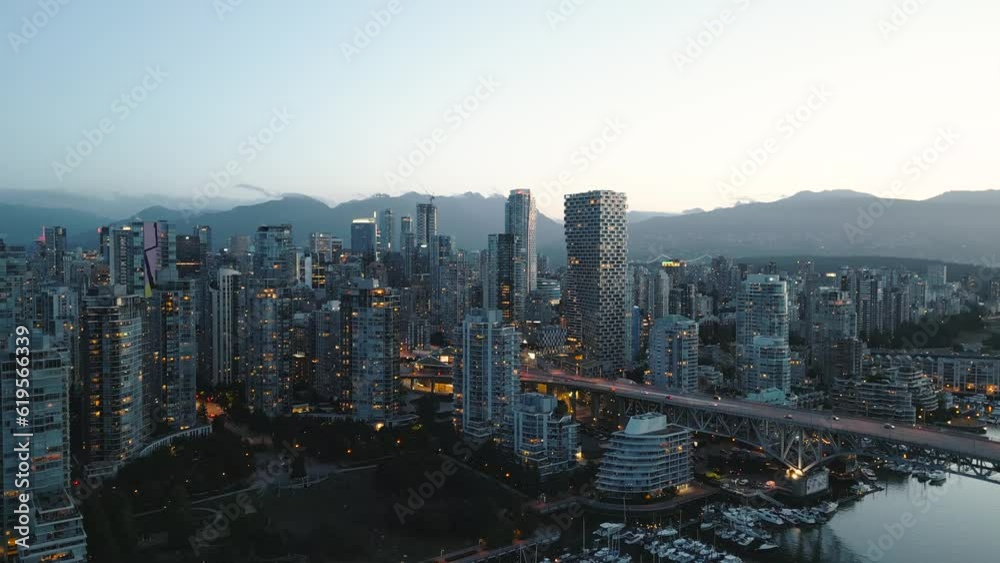 Aerial view on downtown of Vancouver at night, Granville bridge and False Creek Aerial view on downtown of Vancouver at night, Granville bridge and False Creek