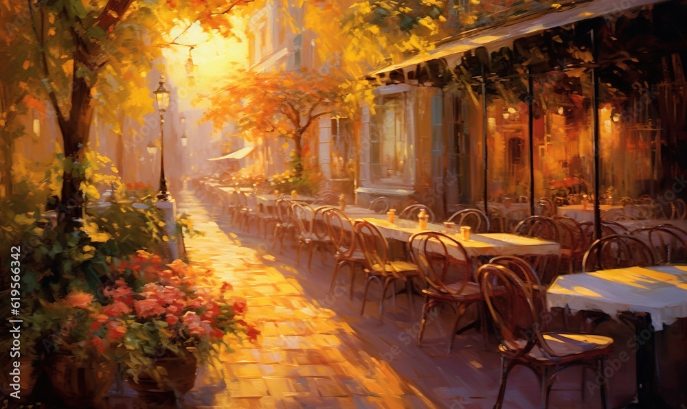 Obraz premium a painting of a restaurant with tables and chairs on the sidewalk. generative ai