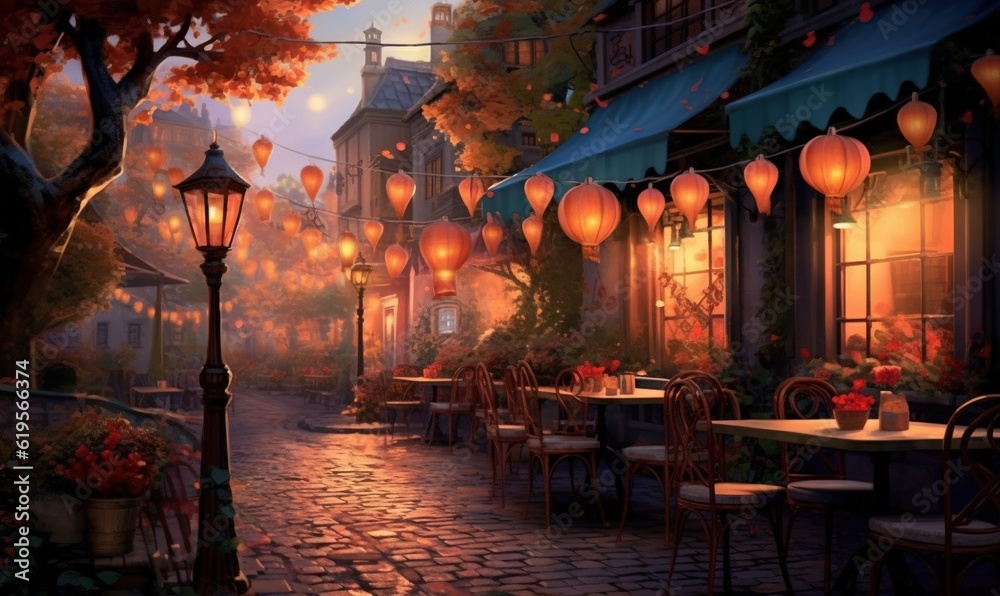 Obraz premium a painting of a restaurant with lanterns hanging from the ceiling. generative ai
