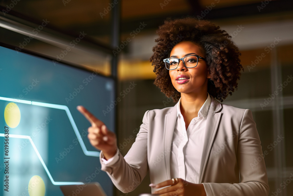 Illustration of a woman giving a business presentation in front of a screen created with Generative AI technology Illustration of a woman giving a business presentation in front of a screen created with Generative AI technology