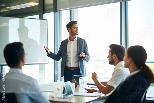 Illustration of a man giving a business presentation to a group of people in a professional setting created with Generative AI technology