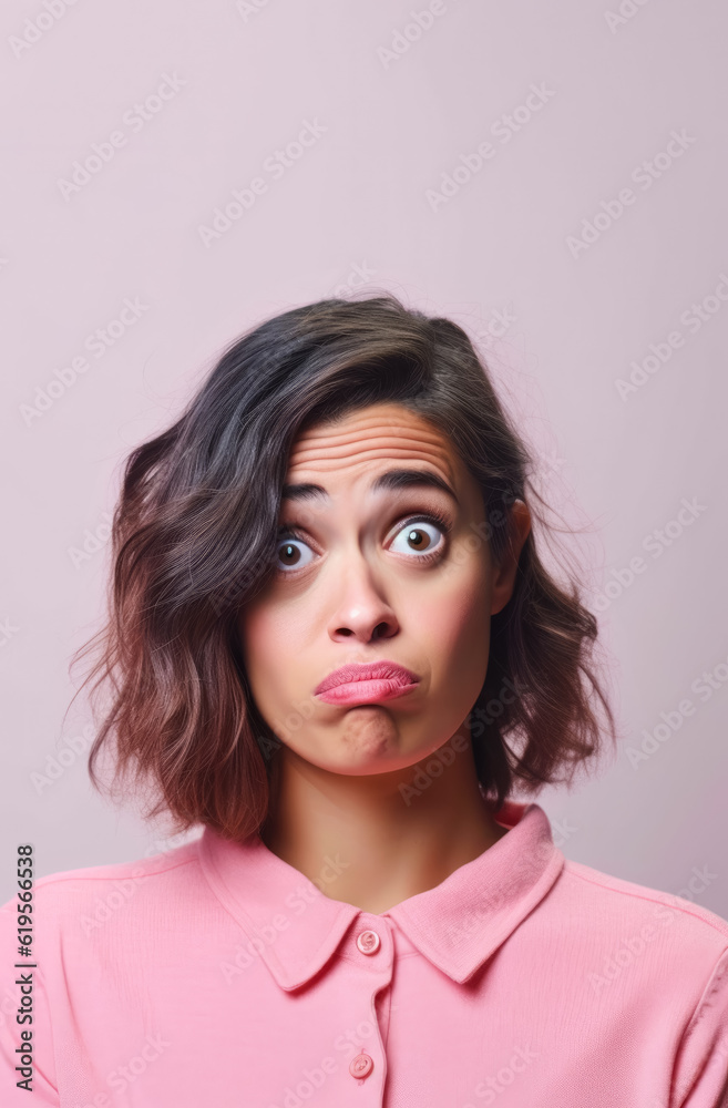Young woman with uncertain - I don't know - funny expression, thinking, large open eyes. Generative AI Young woman with uncertain - I don't know - funny expression, thinking, large open eyes. Generative AI