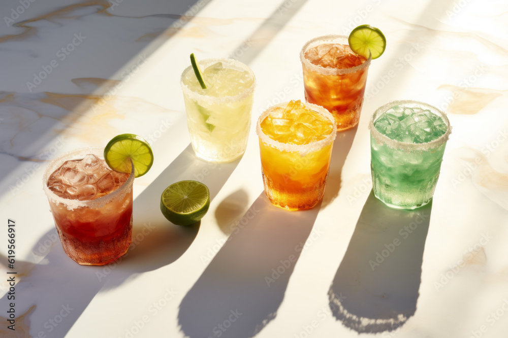 Fototapeta premium Beautiful mexican margarita cocktails, sitting on a marble bar top, with tajin salted rims and garnishes. Colorful drinks with dramatic shadows and lighting.