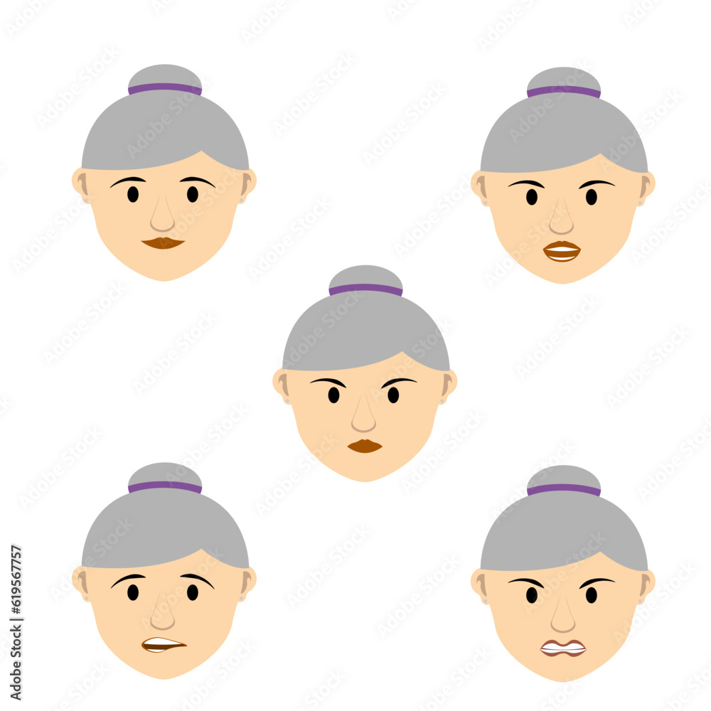 grandmother cartoon characters with emotions of happiness, anger and astonishment isolated on a white background. Grandma's facial expression is set. grandmother cartoon characters with emotions of happiness, anger and astonishment isolated on a white background. Grandma's facial expression is set.