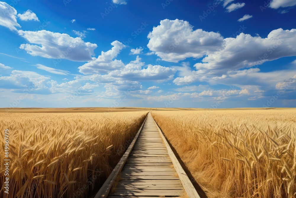 Landscape with wooden road in wheat field and beautiful blue cloudy sky