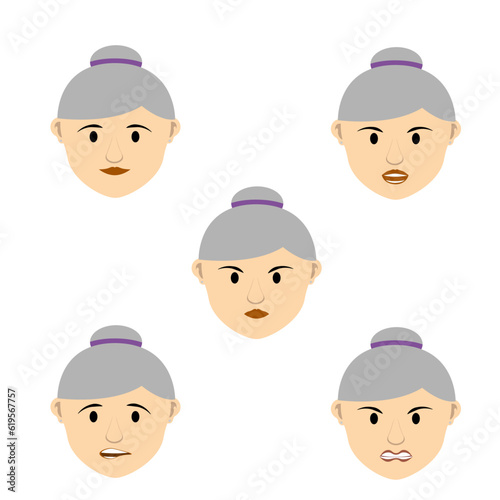 grandmother cartoon characters with emotions of happiness, anger and astonishment isolated on a white background. Grandma's facial expression is set.