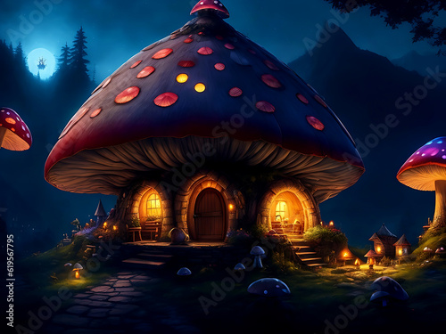 Mashroom tree cartoon house concept, A mushroom hut. Generative A