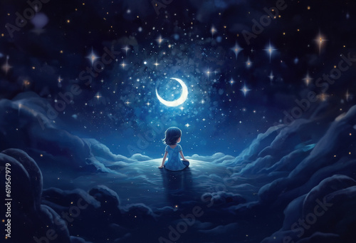 A small girl sitting on clouds watching the moon in a starry sky, Ethereal image in blue atmosphere