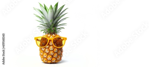 Funny summer tropical exotic fruits - Pineapple ananas fruit with sunglasses, isolated on white background (Generative Ai)