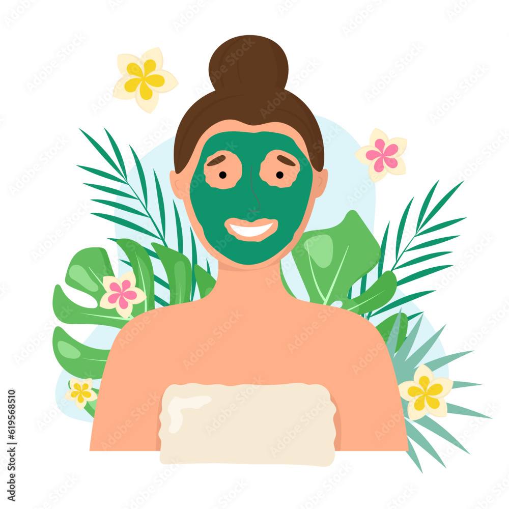 Obraz premium Vector beauty spa salon composition. Woman on facial mask, tropical leaves, flowers on white background. Skincare beauty concept illustration.