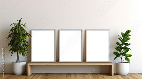 Three blank photo frame mockup placed on a wooden floor in an empty room  surrounded by a lush green plant. --ar 16 9