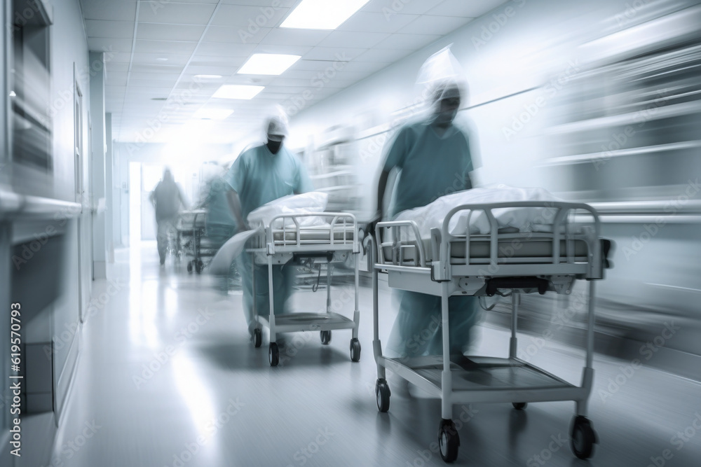 Hospital emergency team rush patient on gurney to the operating theater. Corridor in medical clinic with working doctors, motion blur effect. Created with Generative AI Hospital emergency team rush patient on gurney to the operating theater. Corridor in medical clinic with working doctors, motion blur effect. Created with Generative AI
