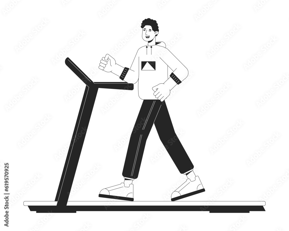 Sportsman run on treadmill flat line black white vector character. Editable outline full body of active man. Sport in gym simple cartoon isolated spot illustration for web graphic design Sportsman run on treadmill flat line black white vector character. Editable outline full body of active man. Sport in gym simple cartoon isolated spot illustration for web graphic design