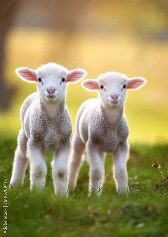Two young lamb sheep on spring meadow looking curious into camera, nice warm afternoon sunlight haze. Generative AI Two young lamb sheep on spring meadow looking curious into camera, nice warm afternoon sunlight haze. Generative AI