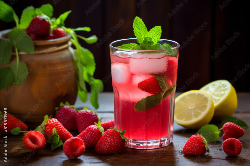 Delicious strawberry lemonade made with soda water on wooden background. Generated using AI tools. Delicious strawberry lemonade made with soda water on wooden background. Generated using AI tools.