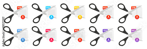 File type icon set. Scissors cut documents. Popular files format and document in flat style design. Set of graphic templates audio, video, image, system, archive, document file. Vector illustration
