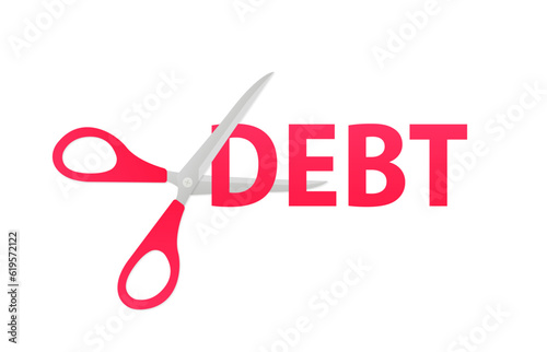 Scissors cut the text debt. Debt forgiveness, elimination, cancellation and relief - financial loan. Concept of debt management or corporate accomplishment. Vector illustration