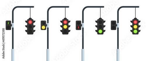 Traffic lights icons set. Isometric set of traffic lights vector icons for web design isolated on white background. Vector illustration