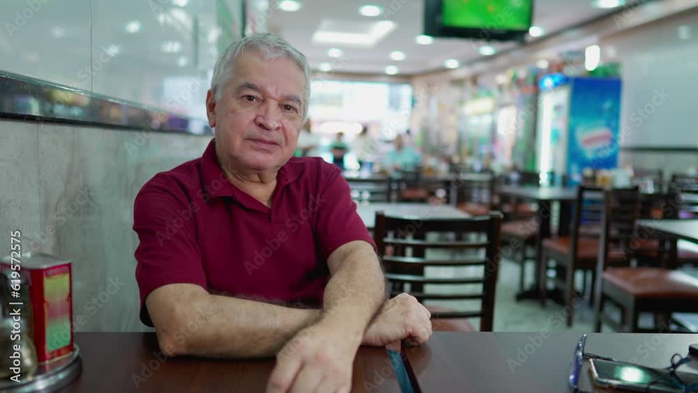 Portrait of a senior man sitting inside South American traditional cafeteria looking at camera with neutral expression Portrait of a senior man sitting inside South American traditional cafeteria looking at camera with neutral expression