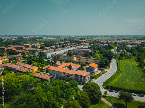 Landscape aerial view. Summer footage of the Italian countryside. Country life concept. Italy, Lombardy, Poasco