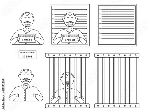 Hand drawn Prisoner Man Vector. Convict Mugshot. Illustration of Criminal Man Arrested And Locked in jail. Isolated Flat  Character Illustration