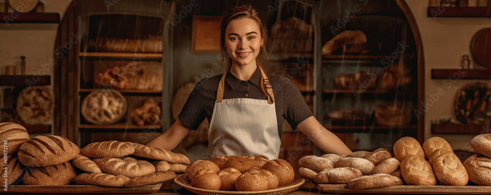 The baker woman holds fresh pastries just baked in the oven. generative ai The baker woman holds fresh pastries just baked in the oven. generative ai