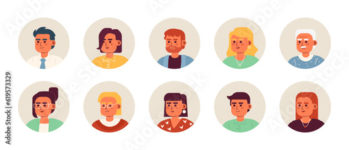 Young adult caucasian people semi flat colour vector character heads pack. Colorful avatar icons. Editable cartoon style emotions. Simple spot illustration bundle for web graphic design