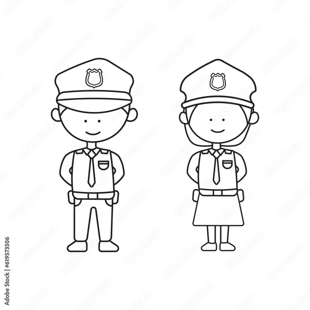 Hand drawn kids drawing Vector illustration Cute male and female police officer characters set flat cartoon isolated Hand drawn kids drawing Vector illustration Cute male and female police officer characters set flat cartoon isolated