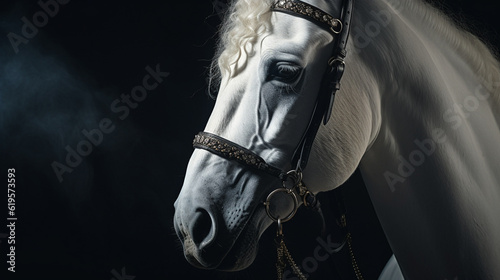 A Close Up Shot of a White Horse Wearing an Intricate Equestrian Harness or Bridle - Generative AI