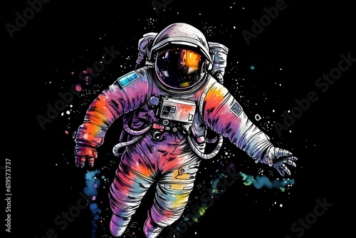 Watercolor astronaut in space with color splashes on black background. Generative AI. © Alexandra Selina
