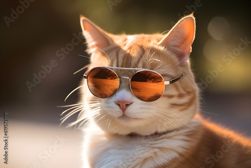 Funny ginger cat in sunglasses. Recreation and vacation concept. Generative AI.