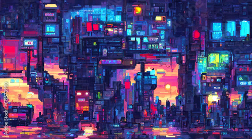 Cyberpunk neon city night. Futuristic city scene in a style of pixel art. 80's wallpaper. Retro future illustration. Urban scene.