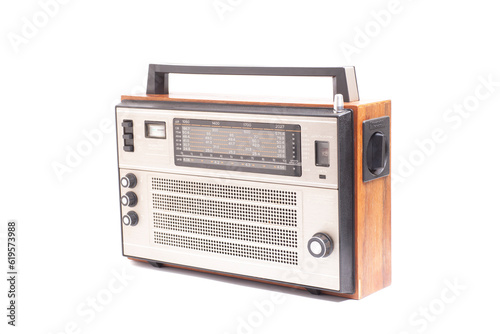 Old transistor radio. English translation: setting indicator, network, ranges, landmark scale, 8 bands,dv, sv, 5 kv, vhf (inscription in Russian).